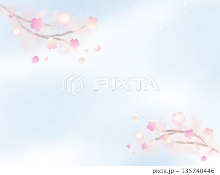 春の青空に咲く桜の花の水彩手描き背景フレーム　横 135740446