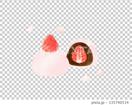 Strawberry Daifuku with strawberries and cross section, pink Japanese sweets set with cherry blossom petals, spring sweets, watercolor material 135740514
