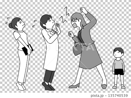 医師に怒鳴る女性と困惑する医療スタッフ・カスハラ・病院でクレームをつけるモンスターペイシェント 医師に怒鳴る女性と困惑する医療スタッフ・カスハラ・病院でクレームをつけるモンスターペイシェント 135740539