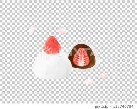 Strawberry Daifuku with strawberries and cross section, Japanese sweets set with cherry blossom petals, spring sweets, watercolor material Strawberry Daifuku with strawberries and cross section, Japanese sweets set with cherry blossom petals, spring sweets, watercolor material 135740784