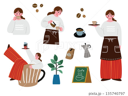 カフェで働く女性のイラストセット カフェで働く女性のイラストセット 135740797