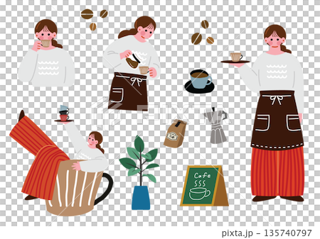 Illustration set of a woman working in a cafe 135740797