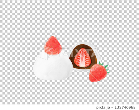 Cute Japanese sweets set with strawberry topping, strawberry daifuku and cross-section illustration, spring sweets, copy space Cute Japanese sweets set with strawberry topping, strawberry daifuku and cross-section illustration, spring sweets, copy space 135740968