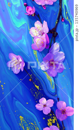 青いマーブル背景に咲く桜の花が美しい幻想的な春のアート写真 135740969
