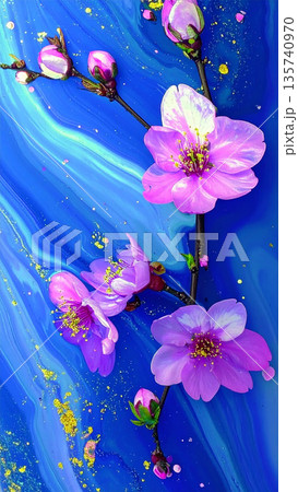 青いマーブル背景に咲く桜の花が美しい幻想的な春のアート写真 135740970