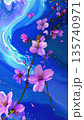 青いマーブル背景に咲く桜の花が美しい幻想的な春のアート写真 135740971