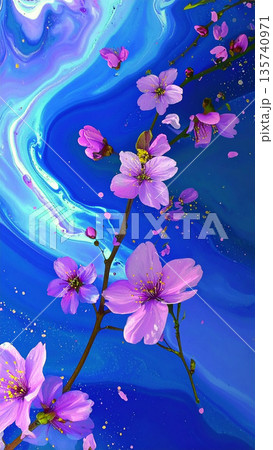 青いマーブル背景に咲く桜の花が美しい幻想的な春のアート写真 135740971