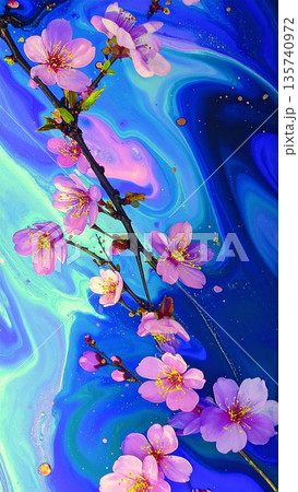 青いマーブル背景に咲く桜の花が美しい幻想的な春のアート写真 135740972