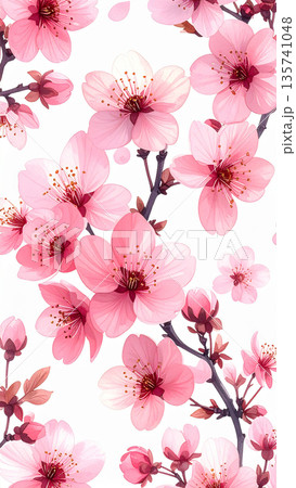 淡いピンクの桜が舞う水彩風の美しい春の花柄背景 135741048