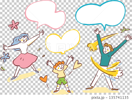 Budding of the Future: A set of illustrations depicting a family standing on the ground and reaching out to the sky, with speech bubbles representing growth 135741135