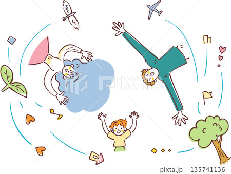 未来の芽吹き：芝生に寝転び円陣を組んで空を見上げる家族の夢と将来設計をイメージした俯瞰イラスト 135741136