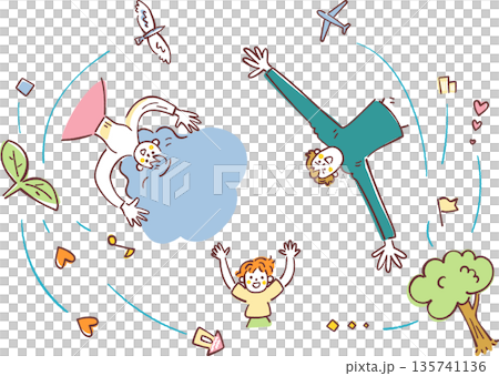 未来の芽吹き：芝生に寝転び円陣を組んで空を見上げる家族の夢と将来設計をイメージした俯瞰イラスト 135741136