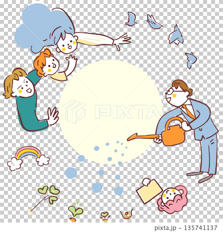 Buds of the Future: Illustration of a family peeking out of a window and staff watering the plants, representing childcare support and government services. Buds of the Future: Illustration of a family peeking out of a window and staff watering the plants, representing childcare support and government services. 135741137