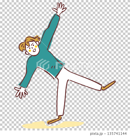 A smiling man balancing on one leg and spreading his arms wide. Whole body. Vector illustration on a white background that represents vitality and health. 135741144