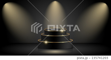 Round black podium decorated with shiny golden rims arrangement and illuminated by spotlights. A platform for displaying products and events 135741203