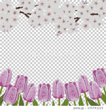 [Cherry Blossom and Purple Tulip Frame] Hand-embroidered illustration material 135741225