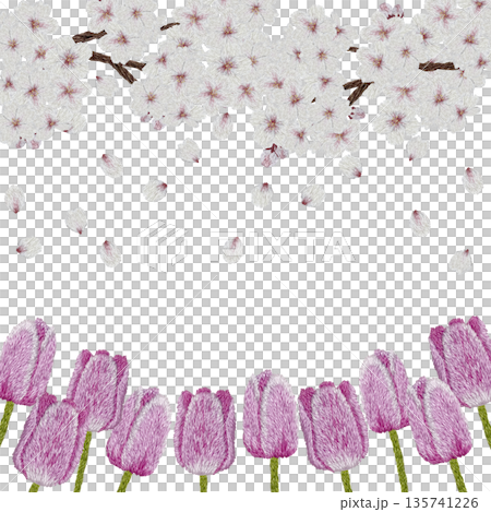 [Cherry Blossom and Purple Tulip Frame] Hand-embroidered illustration material 135741226