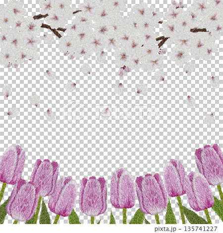 [Cherry Blossom and Purple Tulip Frame] Hand-embroidered illustration material 135741227