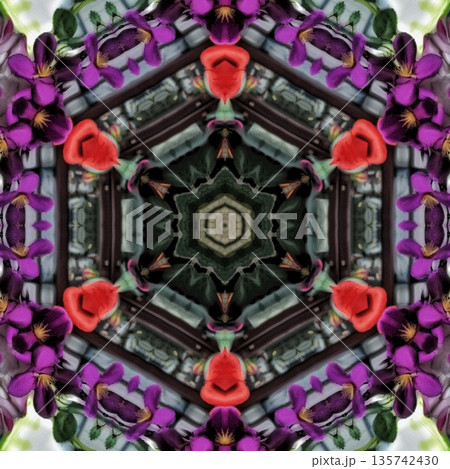 Pattern features mixed floral motifs in rich red, purple, pink, violet, and magenta tones, forming a vibrant and harmonious layered composition with elegant floral detail Pattern features mixed floral motifs in rich red, purple, pink, violet, and magenta tones, forming a vibrant and harmonious layered composition with elegant floral detail 135742430