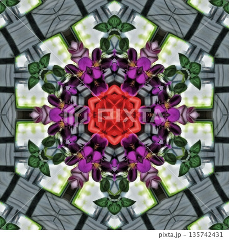 Pattern features mixed floral motifs in rich red, purple, pink, violet, and magenta tones, forming a vibrant and harmonious layered composition with elegant floral detail 135742431
