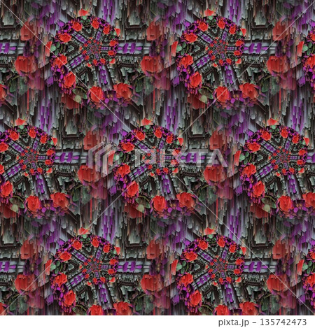 Pattern features mixed floral motifs in rich red, purple, pink, violet, and magenta tones, forming a vibrant and harmonious layered composition with elegant floral detail Pattern features mixed floral motifs in rich red, purple, pink, violet, and magenta tones, forming a vibrant and harmonious layered composition with elegant floral detail 135742473
