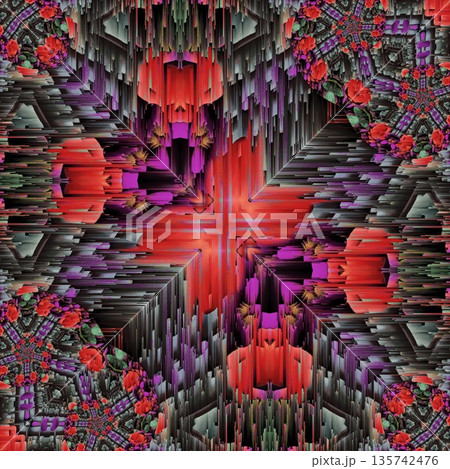 Pattern features mixed floral motifs in rich red, purple, pink, violet, and magenta tones, forming a vibrant and harmonious layered composition with elegant floral detail Pattern features mixed floral motifs in rich red, purple, pink, violet, and magenta tones, forming a vibrant and harmonious layered composition with elegant floral detail 135742476
