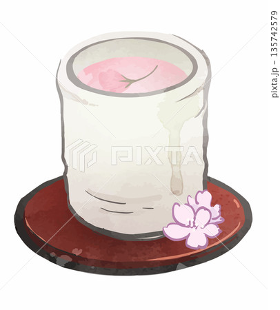 桜茶と湯呑み　春のお祝いを感じる和風イラスト 135742579