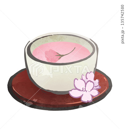 桜茶と湯呑み 春のお祝いを感じる和風イラスト 桜茶と湯呑み 春のお祝いを感じる和風イラスト 135742580