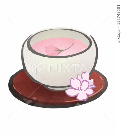 桜茶と湯呑み　春のお祝いを感じる和風イラスト 135742581