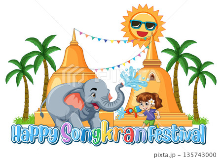 Happy Songkran Festival Illustration with Elephant and Girl Playing with Water 135743000