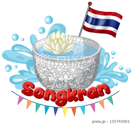 Songkran Festival Illustration with Silver Water Bowl and Thailand Flag Songkran Festival Illustration with Silver Water Bowl and Thailand Flag 135743001