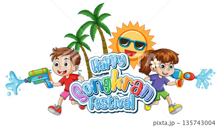 Happy Songkran Festival Vector Illustration with Children Playing with Water Guns 135743004