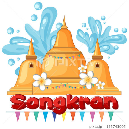 Songkran Festival Vector Illustration with Golden Pagodas and Water Splashes Songkran Festival Vector Illustration with Golden Pagodas and Water Splashes 135743005