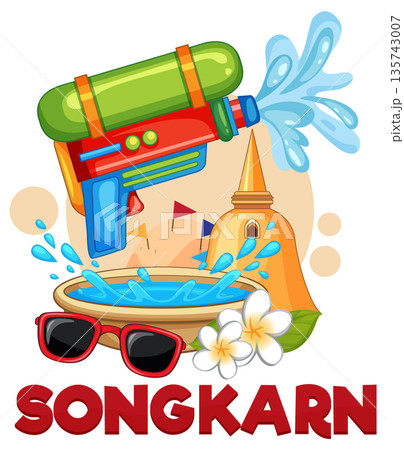 Colorful Songkran Festival Vector Illustration with Water Gun and Pagoda 135743007