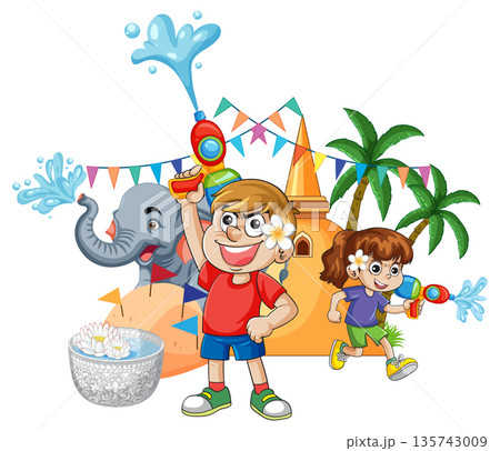Children Celebrating Songkran Festival with Water Guns and Elephant Illustration 135743009