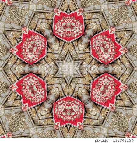 Mixed embroidery style design that combines traditional needlework from India, Pakistan, Turkey, Iran, and Africa, blending intricate stitches and cultural motifs into a unified textile design 135743154