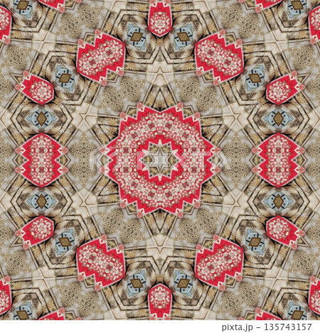 Mixed embroidery style design that combines traditional needlework from India, Pakistan, Turkey, Iran, and Africa, blending intricate stitches and cultural motifs into a unified textile design 135743157