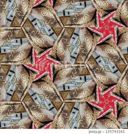 Mixed embroidery style design that combines traditional needlework from India, Pakistan, Turkey, Iran, and Africa, blending intricate stitches and cultural motifs into a unified textile design 135743161