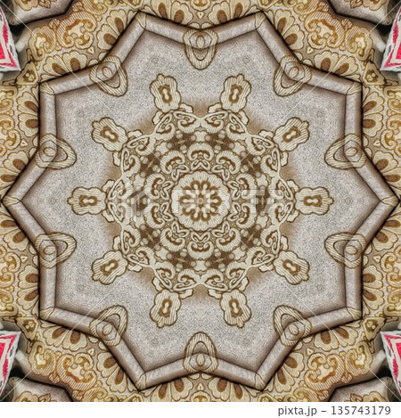 Mixed embroidery style design that combines traditional needlework from India, Pakistan, Turkey, Iran, and Africa, blending intricate stitches and cultural motifs into a unified textile design 135743179