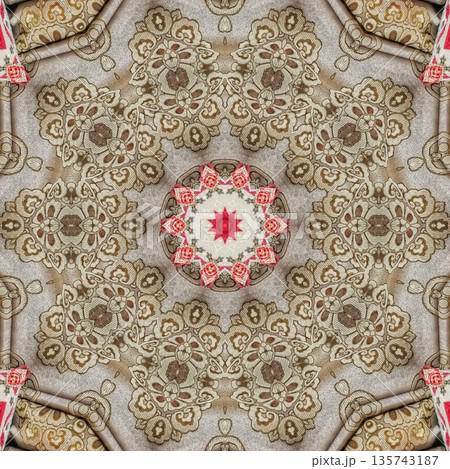 Mixed embroidery style design that combines traditional needlework from India, Pakistan, Turkey, Iran, and Africa, blending intricate stitches and cultural motifs into a unified textile design 135743187