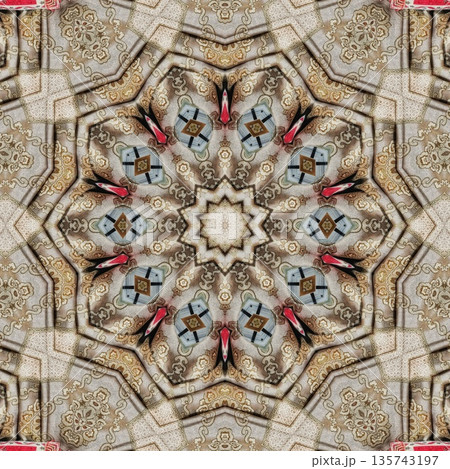 Mixed embroidery style design that combines traditional needlework from India, Pakistan, Turkey, Iran, and Africa, blending intricate stitches and cultural motifs into a unified textile design 135743197