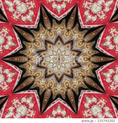 Mixed embroidery style design that combines traditional needlework from India, Pakistan, Turkey, Iran, and Africa, blending intricate stitches and cultural motifs into a unified textile design 135743202