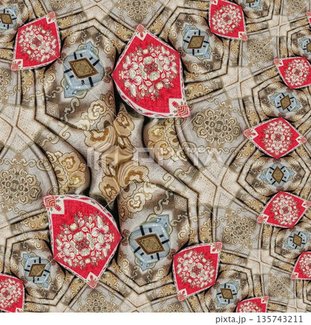 Mixed embroidery style design that combines traditional needlework from India, Pakistan, Turkey, Iran, and Africa, blending intricate stitches and cultural motifs into a unified textile design 135743211