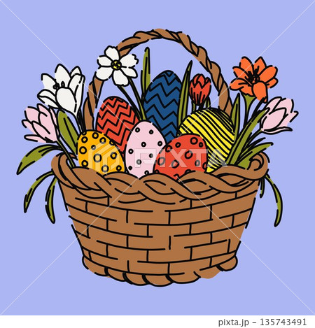 Easter Basket with Colorful Eggs and Spring Flowers 135743491
