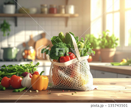 市場から持ち帰ったようなフレッシュな野菜が並ぶマルシェ風の風景 135743501