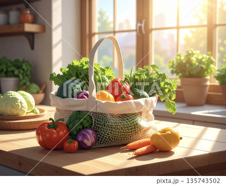 市場から持ち帰ったようなフレッシュな野菜が並ぶマルシェ風の風景 135743502