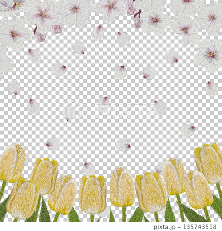 [Cherry Blossom and Yellow Tulip Frame] Hand-embroidered illustration material 135743518