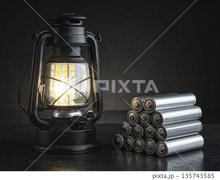 停電や災害時に役立つポータブルLEDランタンと予備の乾電池セット 135743585