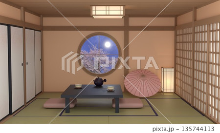 夜桜を望む和室の静かな春の室内風景 夜桜を望む和室の静かな春の室内風景 135744113