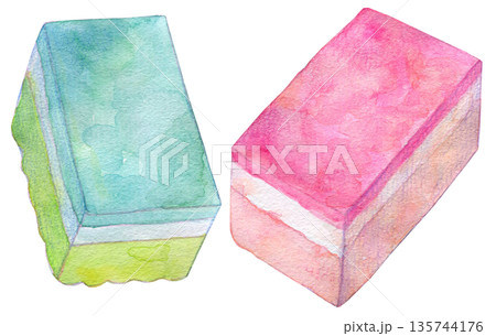 水彩イラスト 手描き 食器用のスポンジ 水彩イラスト 手描き 食器用のスポンジ 135744176